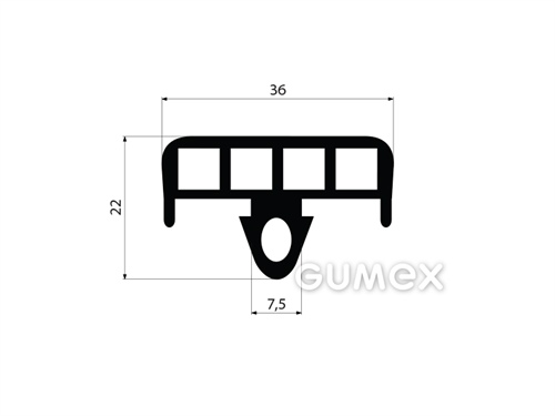 Gumový profil tvaru "T" s 5 dutinkami, 22x36/7,5mm, 70°ShA, EPDM, -40°C/+100°C, čierny